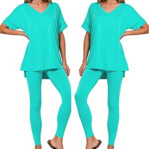 V‑Neck Short-Sleeve Loungewear Leggings Set-Buttery Soft Brushed DTY Microfiber